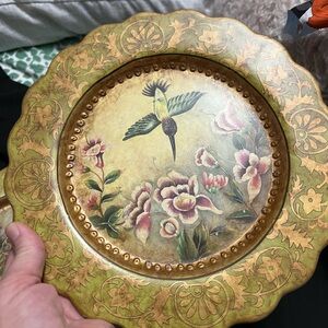 Decorative Green and Gold Floral Hummingbird Serving Plate